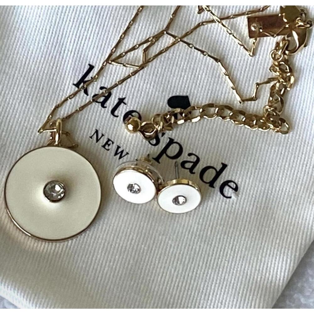 Kate Spade Gold Tone Necklace and Earring Set w/White Enamel & Crystal Accents